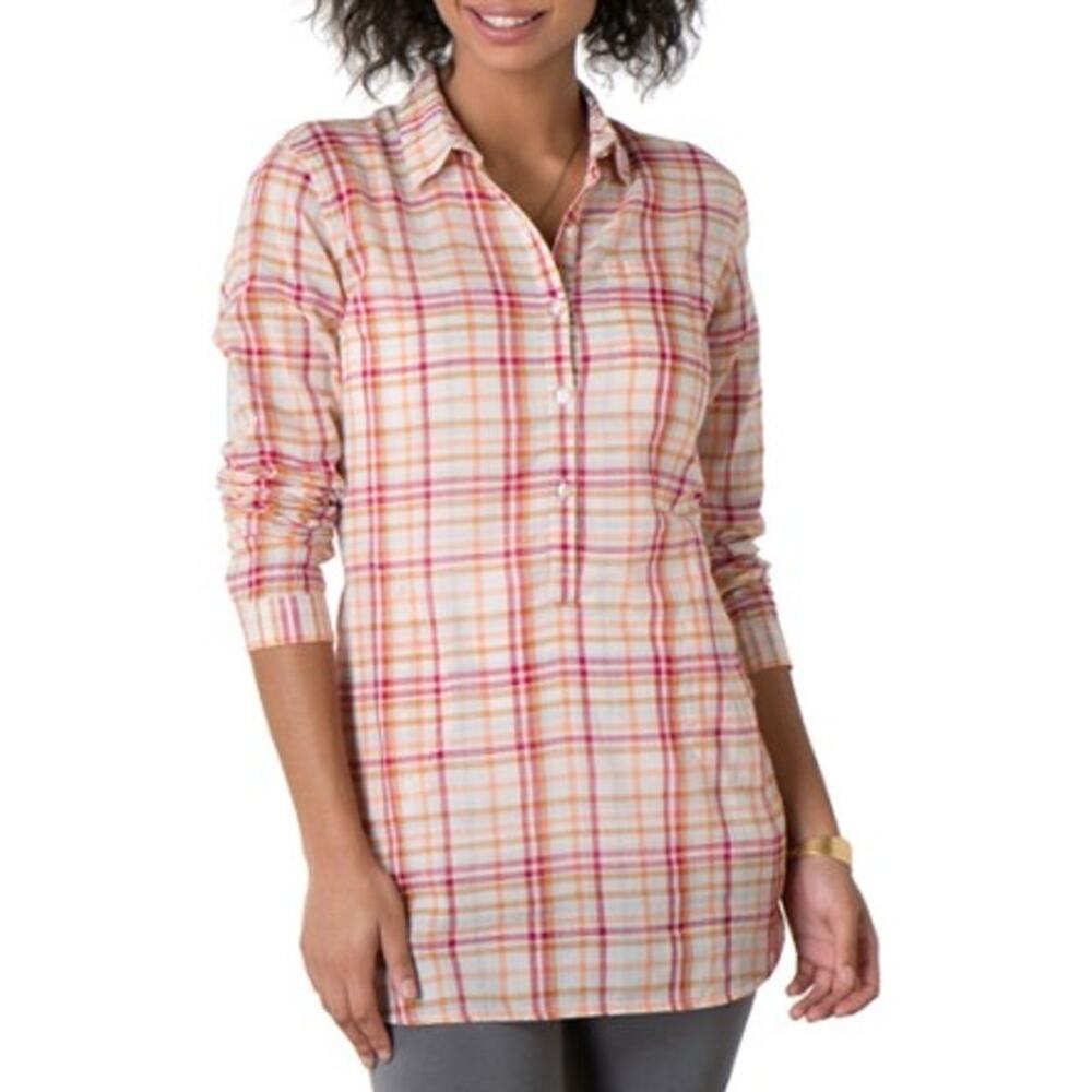 Toad&Co Plaid Button-Down Tunic in Cream, Pink & Orange